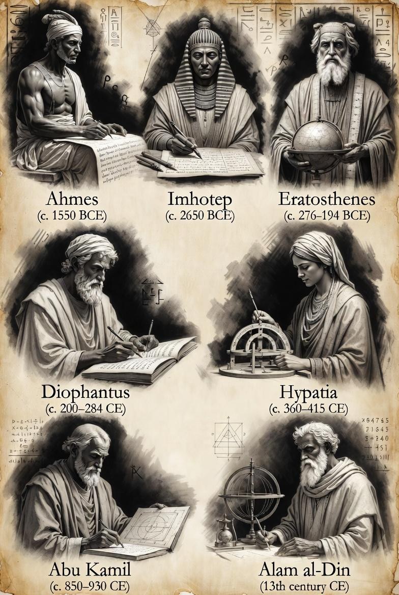 Illustrated portraits of Imhotep, Ahmes, Eratosthenes, Diophantus, Hypatia, Abu Kamil and Alam al-Din